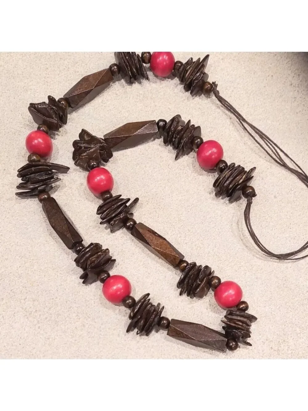 Wooden Elegant Brown and Red Beaded Geometric Necklace 36